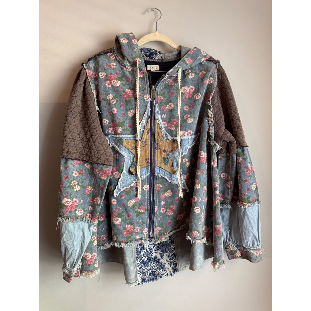 POL Floral Patchwork Denim Jacket Mixed Media Star Hoodie Blue Brown M
